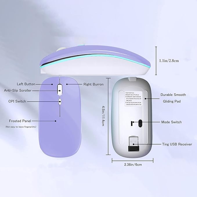 Wireless Bluetooth Mouse Rechargeable Laptop Mice with LED Lights Silent Slim Use(BT5.2 and 2.4G Portable USB Receiver)Dual Mode Computer Mouse for Laptop/iPad/Tablet/Apple/Computer/Mac(Purple)