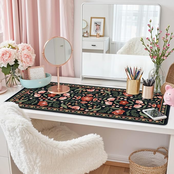 iLeadon Cute Desk Cover Mat, Extended Floral Stitched Edges Desk Pad for Keyboard and Mouse, Soft Large Gaming Mouse Pad, Non Slip Desks Blotter Mat for Office Home (Black)