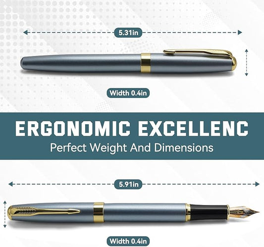 Blue-Gray Luxury Fountain Pen for Men and Women with Gift Box, Blue-Gray Lacquer with Gold Trim, Medium Nib, Journaling, Calligraphy, Smooth Writing Pens, Office, Father's Day Gift