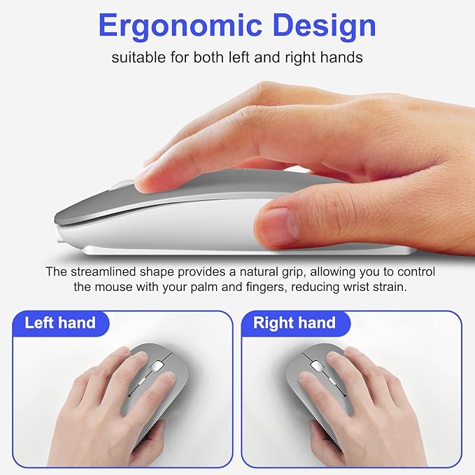 Bluetooth Wireless Mouse for MacBook Air Mac Pro iPad Laptop Computer Pad Optical Rechargeable Slim Silent Dual Mode (2.4G USB-C/USB-A&Bluetooth 5.2/3.0) Mouse Jiggler for Computer Awakening(Grey)