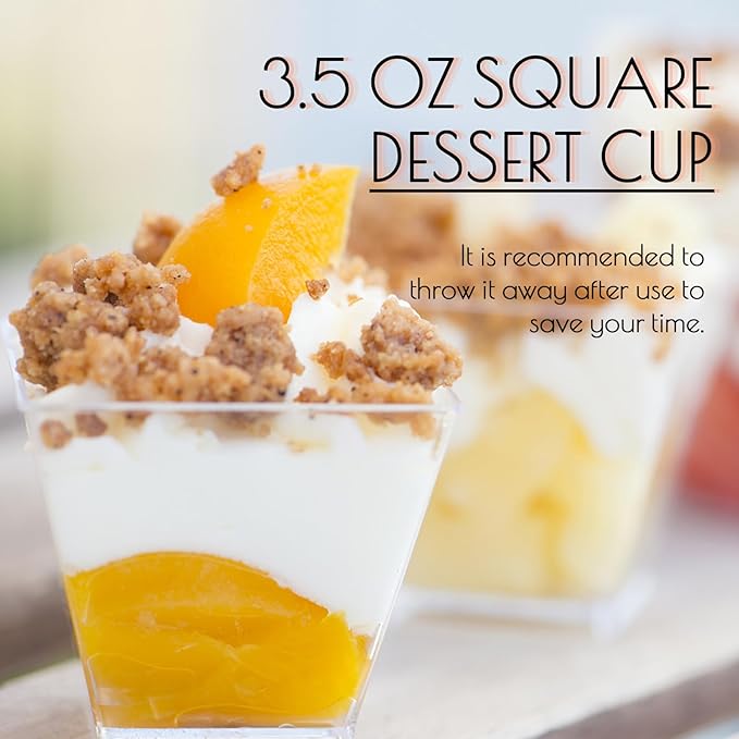 100Pcs 3.5 oz Mini Dessert Cup with Spoons,Square Plastic Dessert Cups,Clear Parfait Appetizer Cup for Ice Cream,Birthday,Parties,Jellies,Nuts,DIY,Wedding