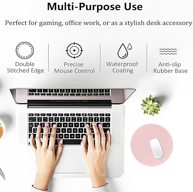 Cute Pink Round Mouse Pad with Stitched Edges, 7.9" Diameter & 0.12" Thick, Smooth Fabric Surface & Anti-Slip Rubber Base Portable Circular Mat for Office Desk/Laptop/Home/Gaming/Traveling
