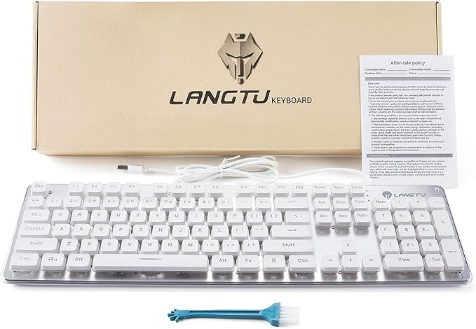 LANGTU Membrane Gaming Keyboard, Rainbow LED Backlit Quiet Keyboard for Office, USB Wired All-Metal Panel 25 Keys Anti-ghosting Computer Keyboard 104 Keys - L1 White/Silver