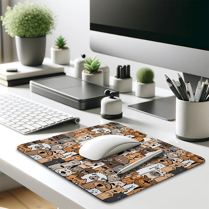 Cats and Dogs Mouse Pad 9.5"x 7.9", Reinforced Stitched Edges, Durable Anti-Slip Gaming & Office Mat Desk Decor, Cute Pet Cartoon Doodle Style Art Retro Funny Domestic Animals Design