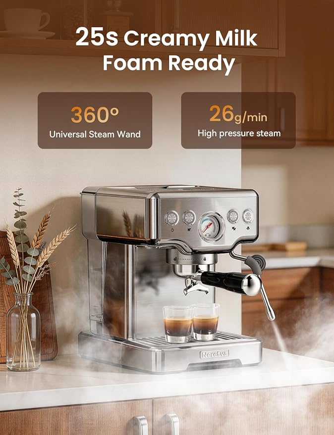 Neretva Espresso Machine, 15 Bar Espresso Coffee Machine with Visible Pressure Guage Professional Espresso Maker with Milk Frother & Stainless Steel for Home Barista Latte and Cappuccino Maker-Silver