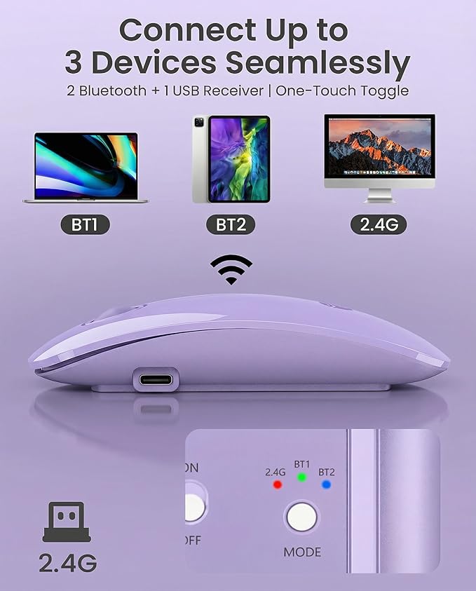 RAPIQUE R306 Pro Wireless Mouse, Dual Bluetooth & 2.4GHz, Connect Up to 3 Devices, Type-C Rechargeable, Silent Click, Ergonomic Symmetrical Design, for MacBook, iPad, Laptop, Purple