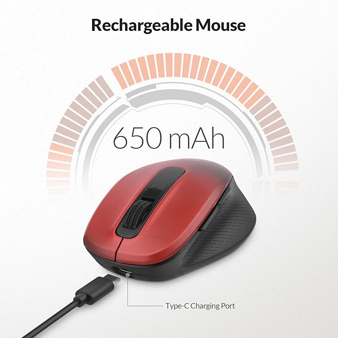 Rii Wireless Mouse Rechargeable, 2.4 GHz with USB Receiver, 1000/1200/1600 DPI, Ergonomic Grips, Silent Keys, Cordless Computer Mice for Laptop, PC, Desktop, Mac-Black&Red