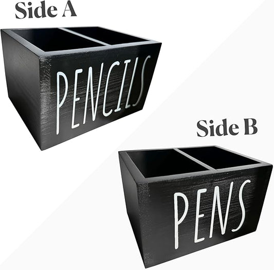 Wood Pencil Holder for Classroom - 6’’ Wooden Black Pen Holder for Desk, 2 Compartment Pen Storage and Organizer for Desk, Cute Stationery Supplies for Classroom, Black