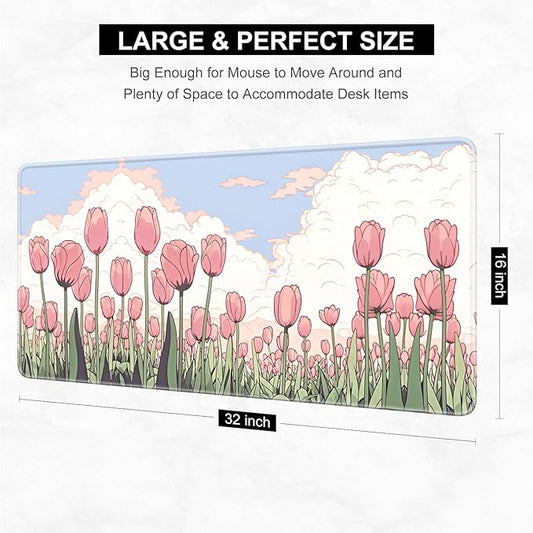 Desk Pad, 32" x 16" XXXL Extended Large Gaming Mouse Pad, Desktop Decor Desk Mat, Men Women Office Supplies and Accessories, Cute Anime Mouse Mat for Laptop & Keyboard, Pink Tulip