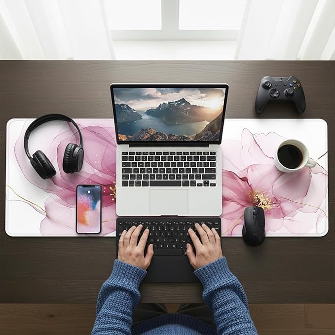 XXL Extended Gaming Mouse Pad (47.2 x 23.6 Inch), Giant Pink Floral Desk Mat for Full Coverage, Luxury Alcohol Ink Marble Design, Non-Slip Blotter, Premium Workspace Protector