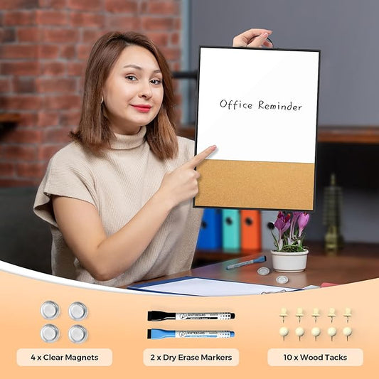 Small White Board Cork Board Combo, 16"x12" Black Aluminum Frame with Handle for Wall Hanging, Dry Erase Magnetic Whiteboard with Cork for Office Home School, Includes Markers Pins Magnets