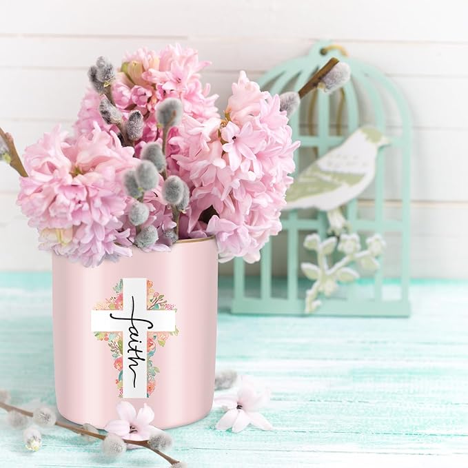 WAVEYU Ceramic Pen Holder for Desk Cute, Pencil Holder Cup, Makeup Brush Holder Pink, Multi-Functional Organizer for Office, Religious Style