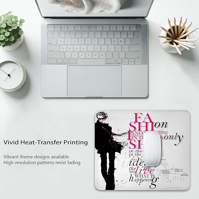 Fashion Artistic Expression Gaming & Office Mouse Pad with Stitched Edges 9.5 x 7.9 Inch, Woman in Paris in Autumn Inspirational Words Vogue Theme Art Eiffel Tower Print Durable Smooth Desk Mat