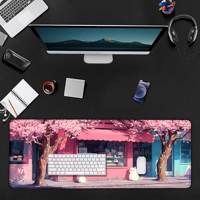 Cute Japanese Cartoon White Cat Large Mouse Pad, Desk Mat Computer Keyboard Pad Non-Slip Rubber Base Waterproof with Stitched Edges for Laptop Gaming, Office & Home 31.5 x 11.8 Inch (XL-20)
