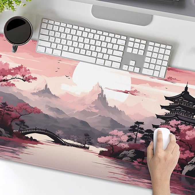 Pink Japanese Sakura Gaming Mouse Pad XL Cherry Blossom Tower Mountain Landscape Extended Large Desk Mat Big Mousepad Non-Slip Rubber Base Stitched Edge Long Desk Pad,31.5×11.8 in