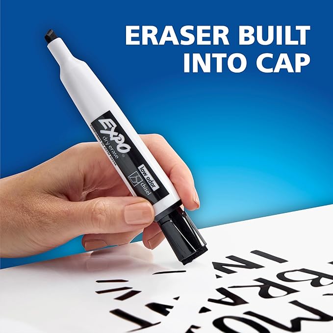 EXPO Magnetic Dry Erase Markers with Eraser, Black, Fine Tip, 4 Count - Back to School, Teacher Supplies, Home Organization