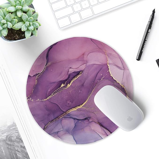 ITNRSIIET Round Mouse Pad with Stitched Edge Premium-Textured Waterproof Non-Slip Rubber Base Desktop Protection Mat Diameter 8.7 inches, Light Purple Marbling