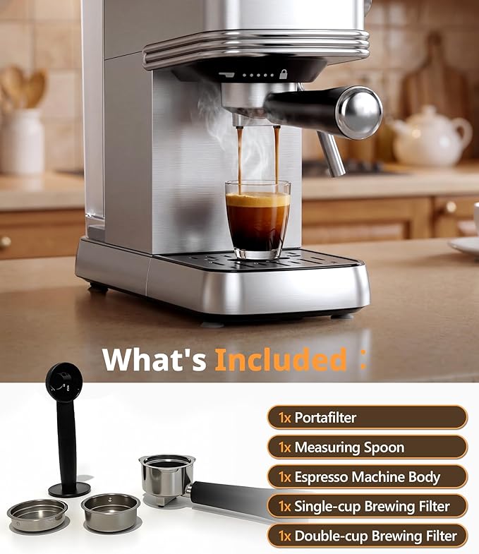Electactic 20 Bar Espresso Machine, Compact Semi-Automatic Coffee Maker with Steam Frother & Instant Heating System, 45oz Removable Water Tank, for Cappuccino, Latte, Cold Brew, Stainless Steel