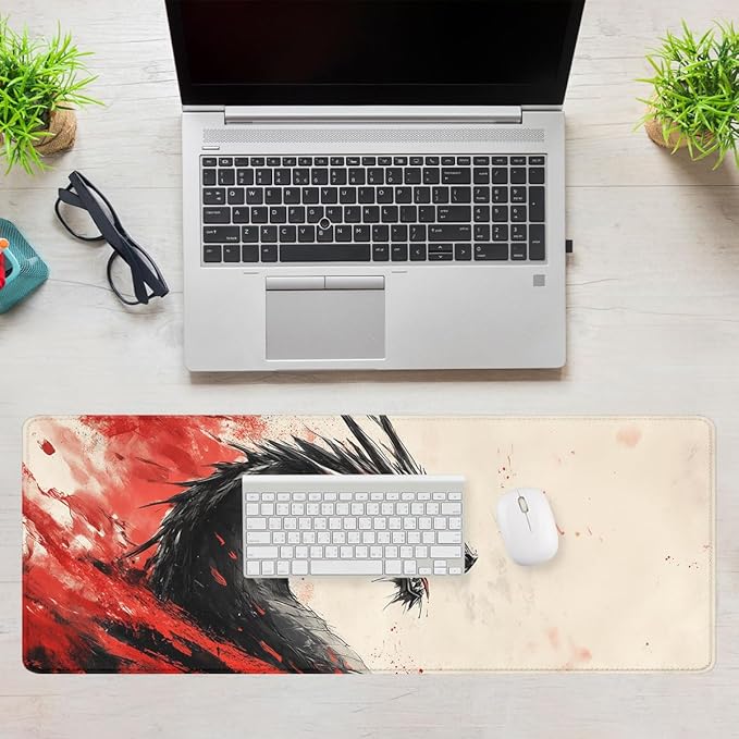 Anime Dragon Desk Mat Gaming Mouse Pad Red and Black Ink Painting Style Large Gaming Mouse Mat with Stitched Edges,Non-Slip Waterproof Rubber Base Mous Mat Office Computer Keyboard Laptop Home