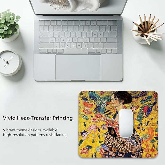 Woman (Lady) with Fan by Gustav Klimt Anti-Slip Gaming & Office Mouse Pad with Stitched Edges 9.5 x 7.9 Inch, Famous Fine Art Reproduction World Famous Painting Durable Smooth Surface Desk Mat