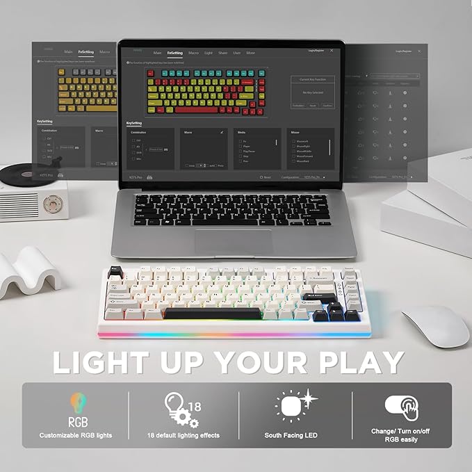 YUNZII YZ75 75% Hot Swappable Wireless Gaming Mechanical Keyboard, RGB Backlights, BT5.0/2.4G/USB-C, Dye Sub PBT Keycaps for Linux/Win/Mac(Gateron G Pro Red, White)
