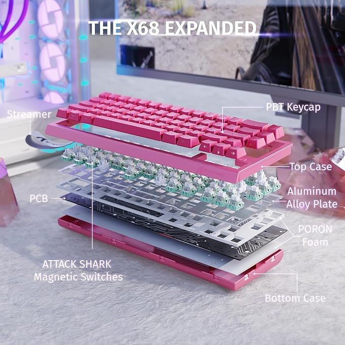 ATTACK SHARK X68HE Rapid Trigger Mechanical Gaming Keyboard 60% Wired with Adjustable Actuation,Hall Effect Magnetic Switch,8KHz Polling Rate,RGB Backlit,Top Mount,Side Printed Keycap(Rose Contour)