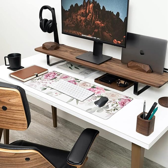 Large Gaming Mouse Pad for Desk,Pink Peony Flowers Eucalyptus Leaves Desk Mat,Watercolor Floral Desk Pad,Extended Big Computer Keyboard Mouse Pad with Non-Slip Base Stitched Edge 31.5"x11.8"