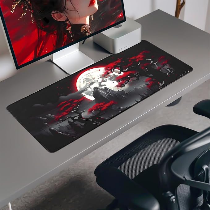 Large Gaming Mouse Pad, Anime Black Mousepad with with Non-Slip Base, Expanded Cool Desk Mat, Mountain Moon Scenery XL Keyboard Mat Suitable for Home Office,31.5 X 15.7 Inch