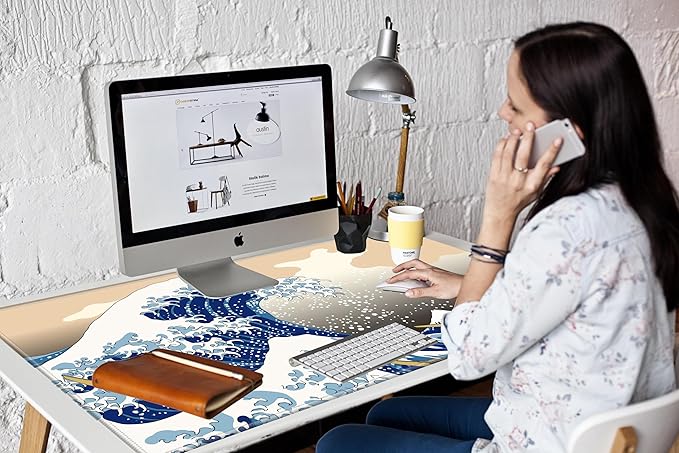 24x48 Mouse Pad Gaming Desk Mat Giant Japanese Sea Wave Mousepad Large Desk Pad Oversized Huge Computer Mat 3XL Mouse Pads for Protector Desktop Office