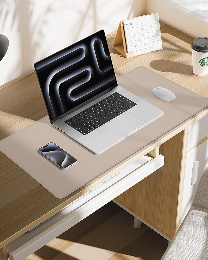 Leather Desk Pad Protector Large Mouse Pad, Stitched Locking Edge Non-Slip PU Leather Desk Mat Laptop Desk Pad Blotter, Waterproof Durable Writing Pad for Office and Home (Beige, 120 x 43cm)