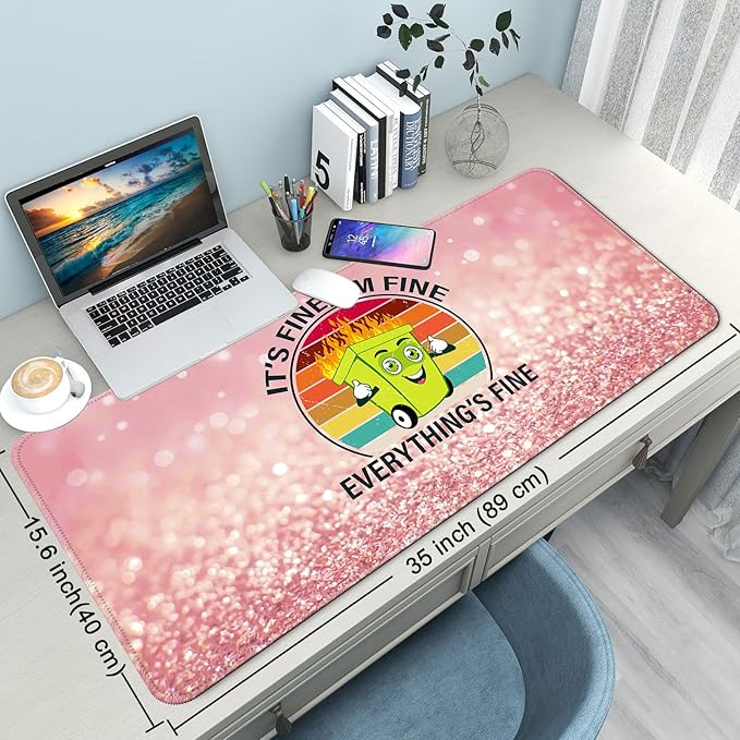 Desk Mat,Large Mouse Pad 35''×15.6'' XXL Extended Gaming Mouse Pad Mat with Non-Slip Base Stitched Eges Mousepad for Computer,Office,Keyboard and Laptop - Pink Fire