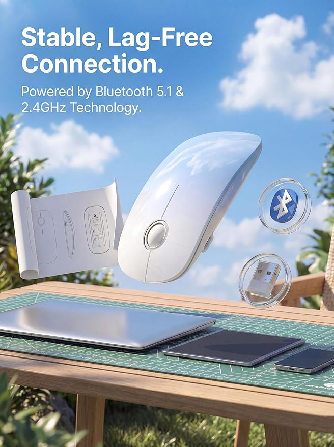 RAPIQUE R306 Pro Wireless Mouse, Bluetooth & 2.4G, Triple-Device Connection, Type-C Rechargeable, Silent Click, Smooth Scroll, Lightweight Slim Design for Laptop, Tablet & MacBook - Sky Blue Gradient