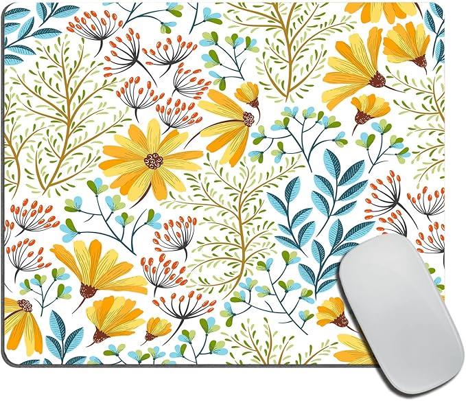 Floral Mouse Pad,Decorative Colorful Flowers Blue Leaves Mouse Pad, Washable Square Cloth Mousepad for Office Laptop, Non-Slip Rubber Base Mouse Pads for Wireless Mouse 9.5x7.9x0.12 Inch