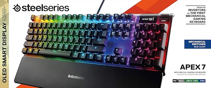 SteelSeries Apex 7 Mechanical Gaming Keyboard – OLED Smart Display – USB Passthrough and Media Controls – Tactile and Clicky – RGB Backlit (Blue Switch)
