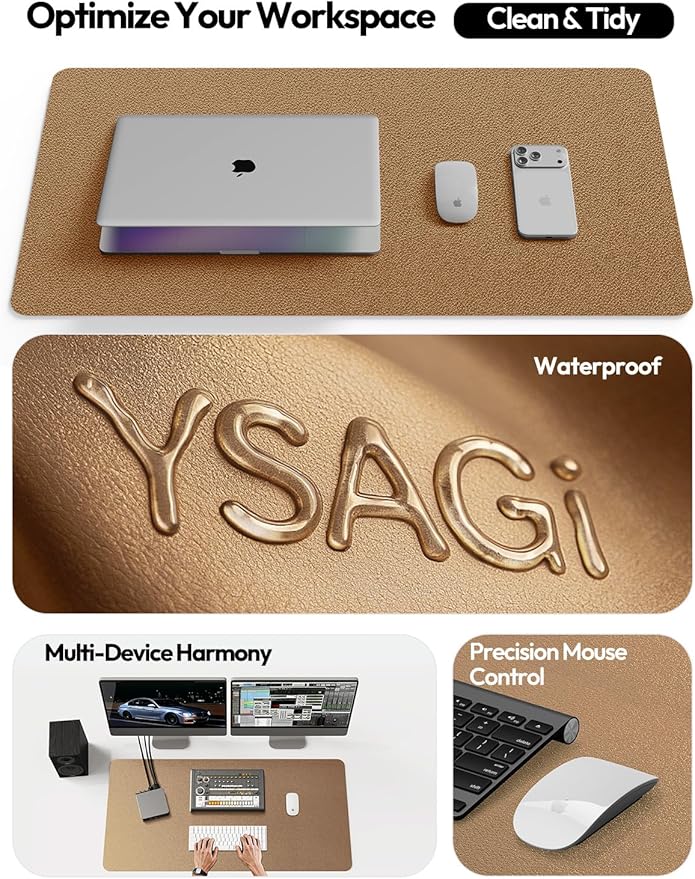 YSAGi Leather Desk Protector, Office Mat, Large Mouse Mat, Non-Slip PU Leather Blotter, Laptop Pad, Waterproof Writing Pad for Office and Home (Bronze, 31.5" x 15.8")
