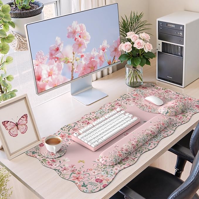 iCasso Desk Mat Set,Large Mouse Pad with Wrist Rest,Ergonomic Keyboard Wrist Support for Women,Girly Floral Computer Mat with Scalloped Edges,Non-Slip Desk Pad Home Office Gaming (Pink)