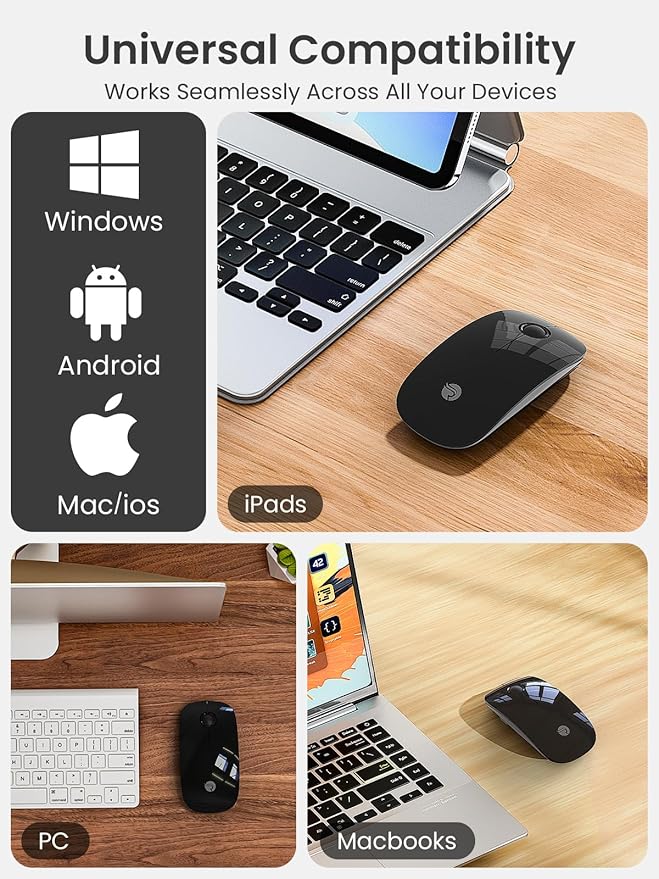 RAPIQUE Bluetooth Wireless Mouse, Dual Bluetooth & 2.4G, Type-C Rechargeable, Silent Click, Slim Symmetrical Design, Portable for Laptop/iPad/MacBook/Desktop/Windows/macOS – Black