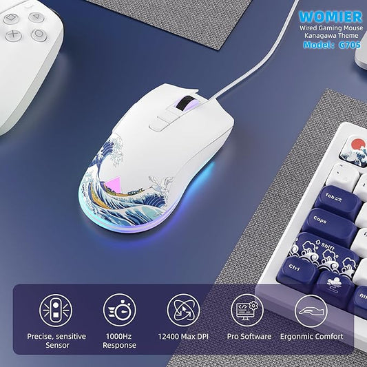 Womier Wired Gaming Mouse, 12400 DPI RGB Mouse with RGB Backlit Modes & 7 Macro Buttons, PC Gaming Mice Support DIY Keybinding, Gamer Computer Mice for Laptop PC Mac Windows(G705 Kanagawa)