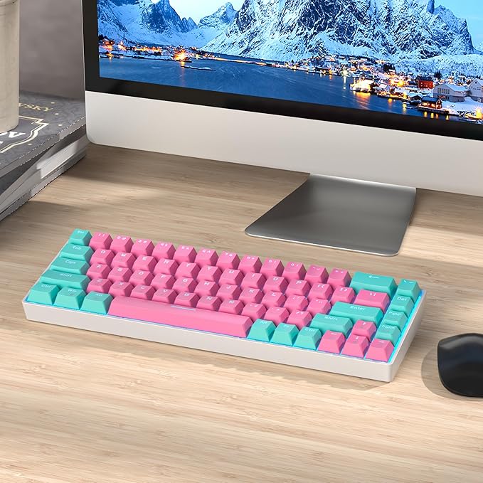 65 Percent Gaming Keyboard Mechanical with Linear Red Switch, 65% Wired Ultra-Compact Mini Pink Keyboard LED with PBT Keycaps for Ps4/Ps5/Xbox(68 Miami)