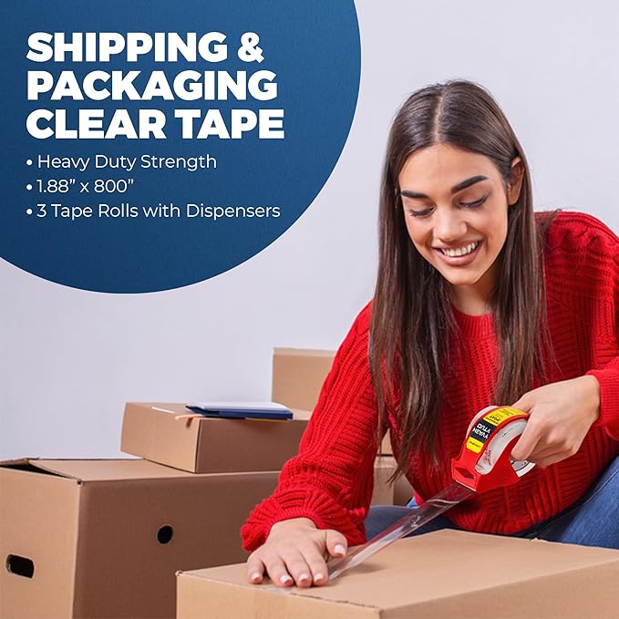 Heavy Duty Packing Tape with Dispenser 1.5" Core, Clear Shipping Tape for Boxes, Packaging, Mailing & Moving Supplies - 1.88 in. x 22.2 Pack of 3