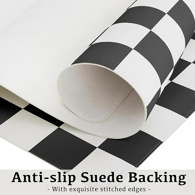 Checkered Desk Mat, Large Cute Aesthetic Retro PU Leather Computer Laptop Desk Mat, Non-Slip Waterproof Mouse Keyboard Pad, Desk Writing Mat for Work/Home (Black, 23.6" x 13.7")
