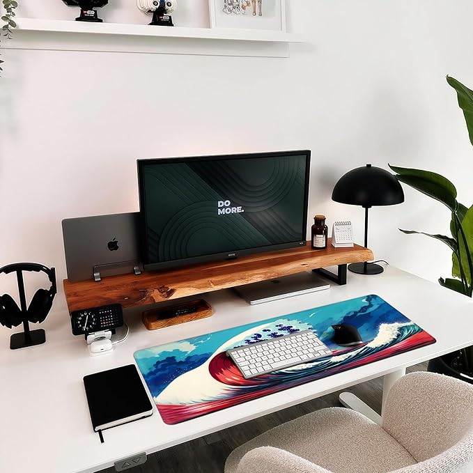 Japanese Style Waves Large Gaming Mouse Pad for Desk, Desk Mat with Seamed Edges, Waterproof Desk Pad, Non-Slip Rubber Base, 31.5x11.8 Inch Keyboard Pad Computer Mat, Big XL Mousepad