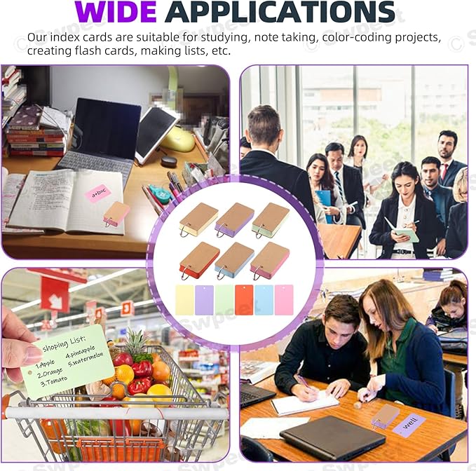 Swpeet 300 Sheets 2.1 x 3.5 Inch Colored Index Cards with Binding Rings, Notecards Index Cards, 6 Colors Easy Flip Flash Card Blank for School Learning Memory Recipe Cards Game Card