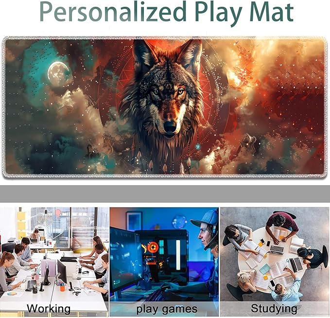 Large Gaming Mouse Pad Non-Slip Keyboard Pad Soft Extended Desk Mat Desktop Writing Pad (31.5"×11.8") Combined with Coasters, Home and Office Desktop Decor, The Dreamcatcher Wolf