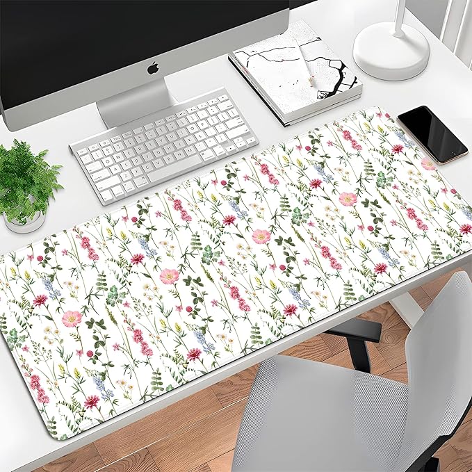 White Kawaii Flower Mouse Pad Large Desk Mat Extended Keyboard Mouse Pad Cute Mousepad with Non-Slip Base and Stitched Edge Floral Mouse Mat Desk Pad 31.5 x 11.8 Mouse Pads for Desk Home Office Gaming
