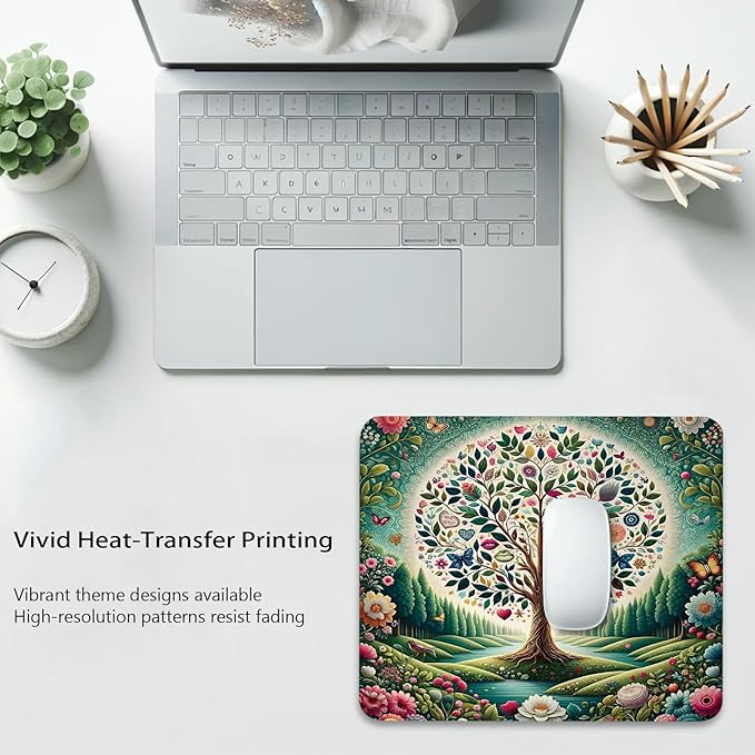 Anti-Slip Gaming & Office Mouse Pad with Stitched Edges 9.5 x 7.9 Inch, Abstract Enchanted Tree of Life Colorful Floral Wonderland Durable Smooth Surface Desk Mat