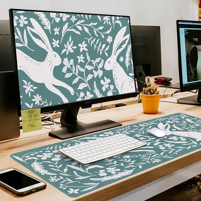 L-SPOUTTO Green Floral Desk Mat for Keyboard and Mouse,Boho XXL Gaming Mouse Pad,Large 35.4x15.7in Non-Slip Rubber Base Keyboard Pad Waterproof Desktop Mat for Laptop Computer Work Home Office-Rabbits