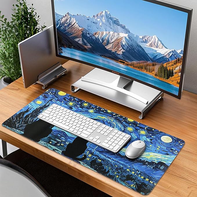 Mouse Pad Gaming - Desk Mat for Keyboard and Mouse - Van Gogh Starry Night Large Mouse Pads for Desk, Gaming Mousepad with Non-Slip Base, Desks Pad (31.5" X 11.8") for Game, Office and Home