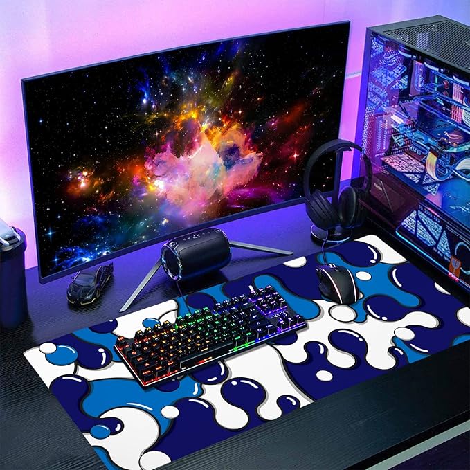 aportt Navy Blue White Mouse Pad Anime Cool Geometric Japanese Extended Desk Mat 90X40 CM Non-Slip Rubber Base Stitched Edge Large XXL Mousepad for Gaming Laptop Computer Desktop 35.4×15.7 Inch