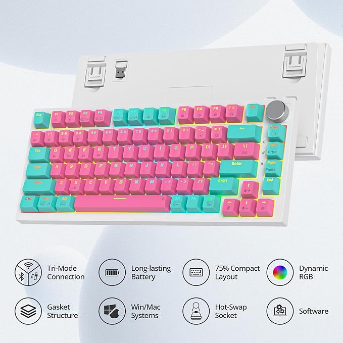 75% Wireless Creamy Mechanical Keyboard, Hot Swappable Custom, RGB Backlit Gasket Gaming, 2.4G/BT5.0/USB-C, Pink Mechanical Keyboard, Pre-lubed Linear Gray Cream Switches